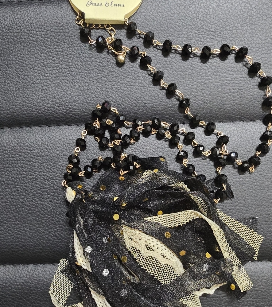Black Beaded Necklace with Lace Accents